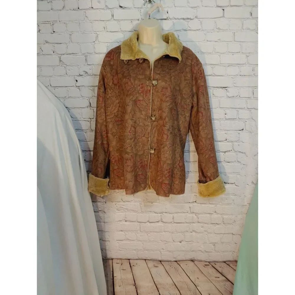 Coldwater Creek Women's Size Medium Brown Floral Faux Suede/Fur Jacket.